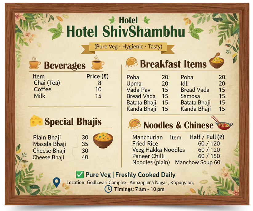 Hotel ShivShambhu Menu - Fast Food, Nashta, Lunch & Dinner